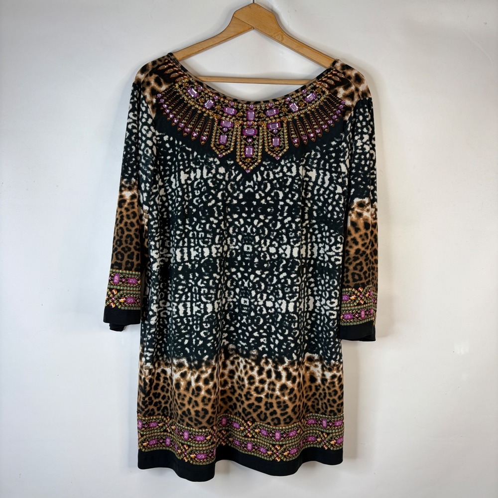 ECI Tunic Top Womens 1X Animal Print Beaded Rhinestone Scoop Neck 3/4 Sleeve